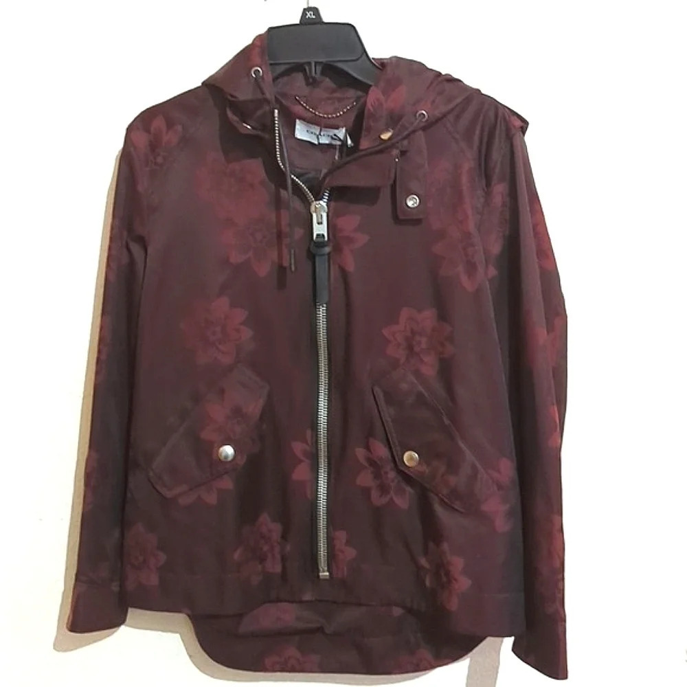 New Coach jacquard floral print leather trim parka‎ Rain jacket size small - Picture 13 of 14